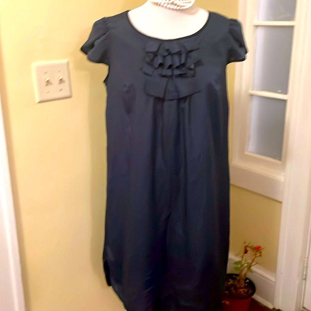 MOSSIMO Midnight Blue Shift Dress Cap Sleeve Ruffle Front Silky Women's